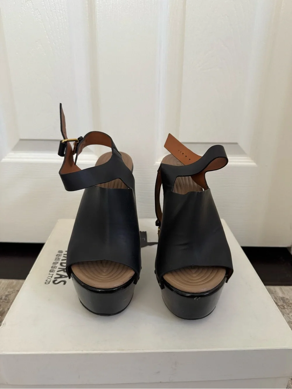 Givenchy Black Leather Platform Peep-Toe Sandals with Ankle Buckle